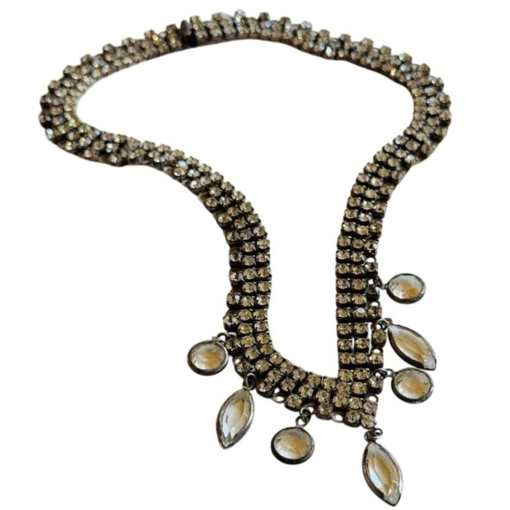 VTG crystal bezel rhinestone necklace‎ Silver jeweled Regency waterfall 15" 60s